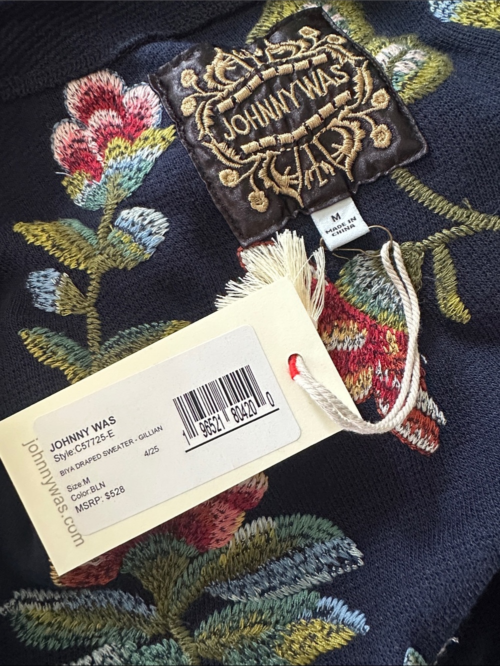 Johnny Was BIYA Draped Sweater Gillian Embroidered Floral Navy Cardigan NEW Med - Picture 10 of 11